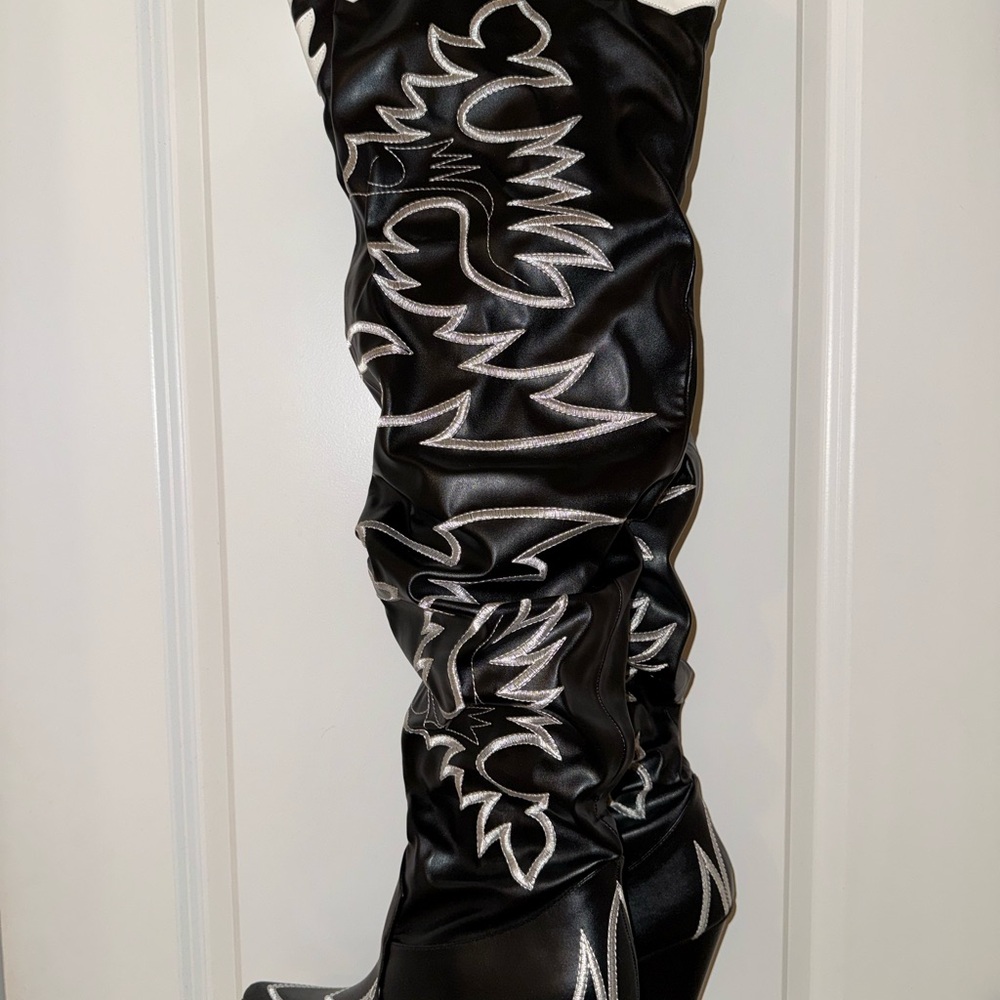 AKIRA Black and Silver Over the Knee Boots